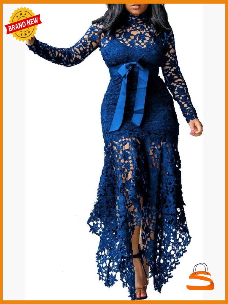 Floor-Length Lace-Up Asymmetrical Maxi Dress Sexy Hollow Lace Party Evening